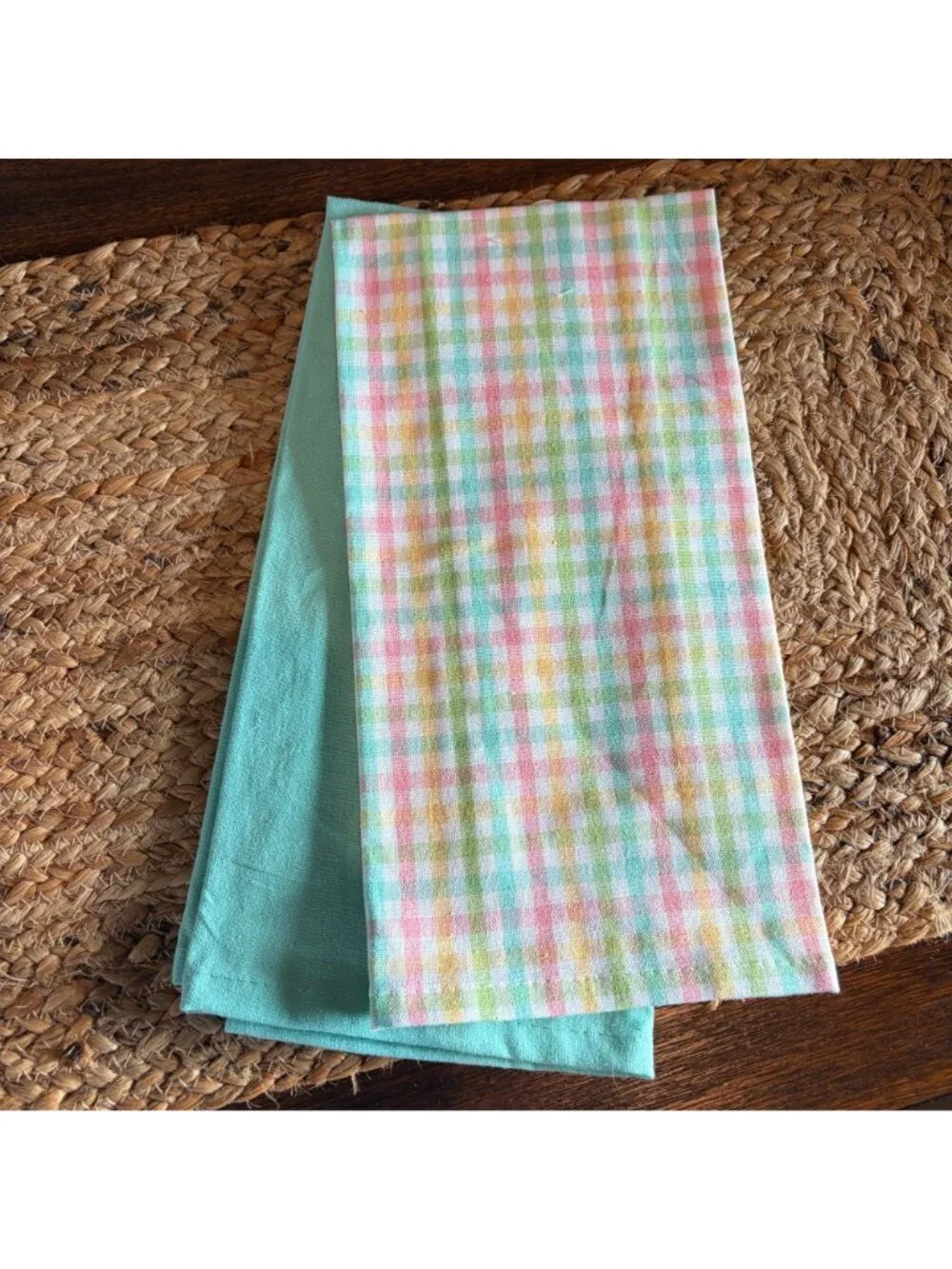 New Set of 4 Spring Easter Kitchen Towels Teal Aqua Plaid Bunny Rabbit Embroider